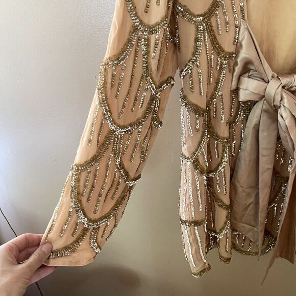 NBD Tristan Sequin Mini Dress Gold Nude Bow Back Revolve NWT $368 SZ L - Picture 13 of 15